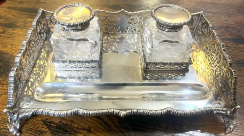 silver desk stand with inkwells by goldsmiths silversmiths - CATEGORY: ANTIQUE SILVER - DATED 1890