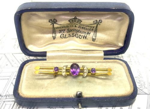 beautiful belle epoque 9ct gold amethyst boxed brooch - CATEGORY: ANTIQUE JEWELLERY - DATED 1900