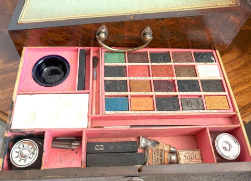 VERY RARE BURR YEW WOOD COMBINATION SEWING ARTIST'S PAINT BOX - ADDITIONAL PHOTO 8