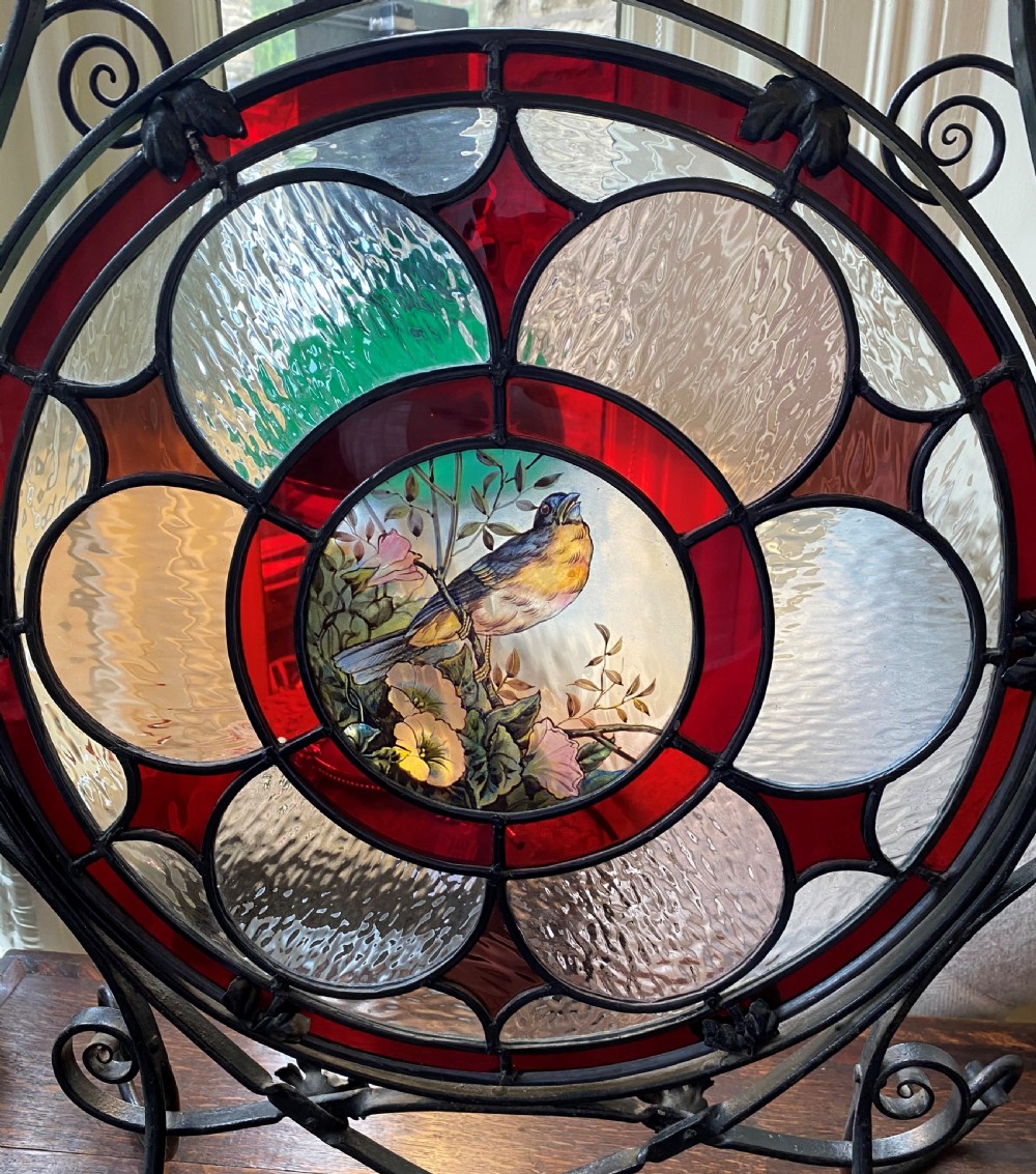 Stunning Arts & Crafts Wrought Iron & Stained Glass Fire Screen View II