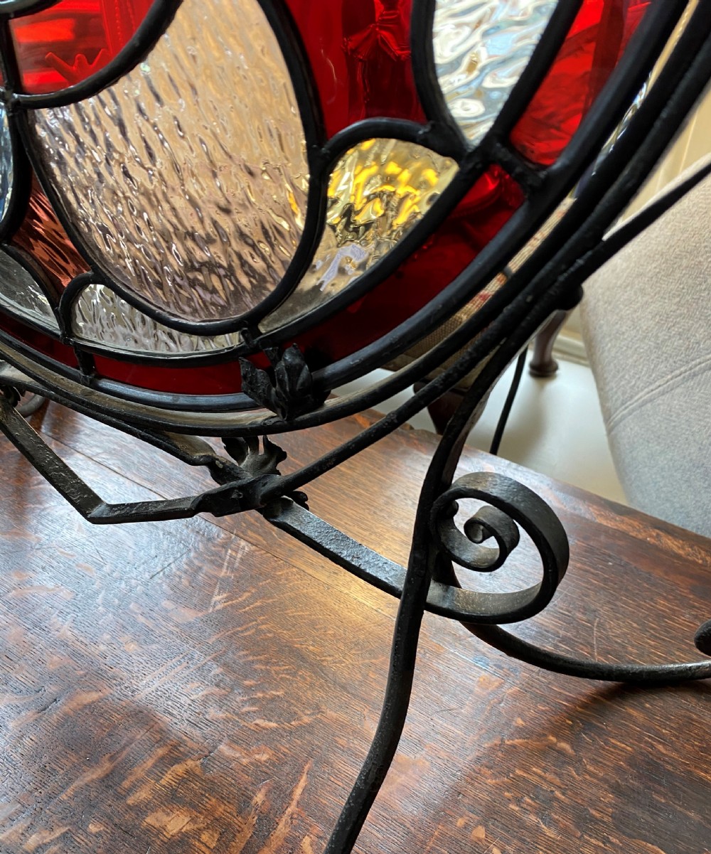 Stunning Arts & Crafts Wrought Iron & Stained Glass Fire Screen View V