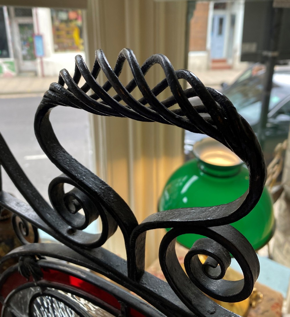 Stunning Arts & Crafts Wrought Iron & Stained Glass Fire Screen View VI