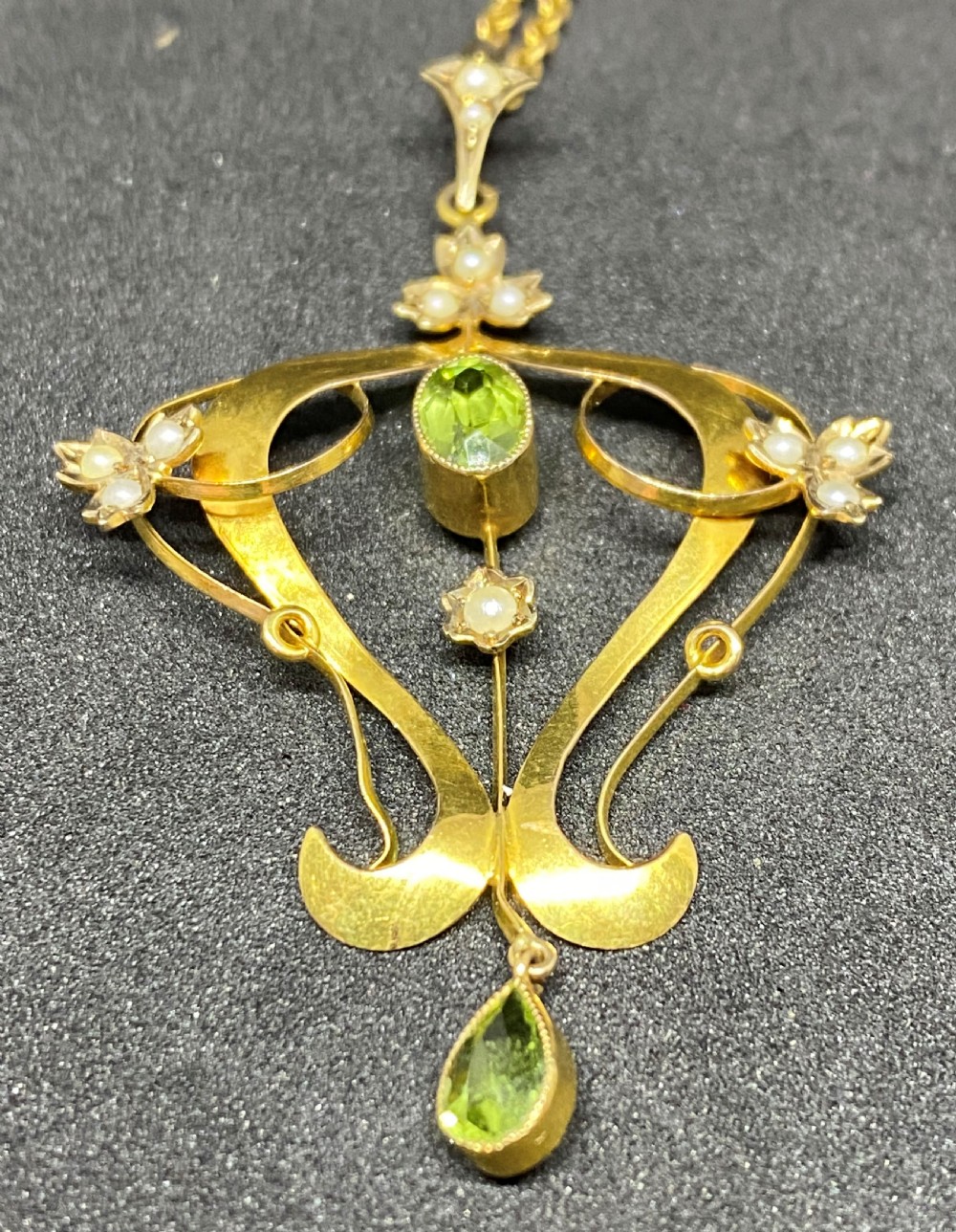 Edwardian 9ct Gold, Seed Pearl & Peridot Lavaliere Necklace