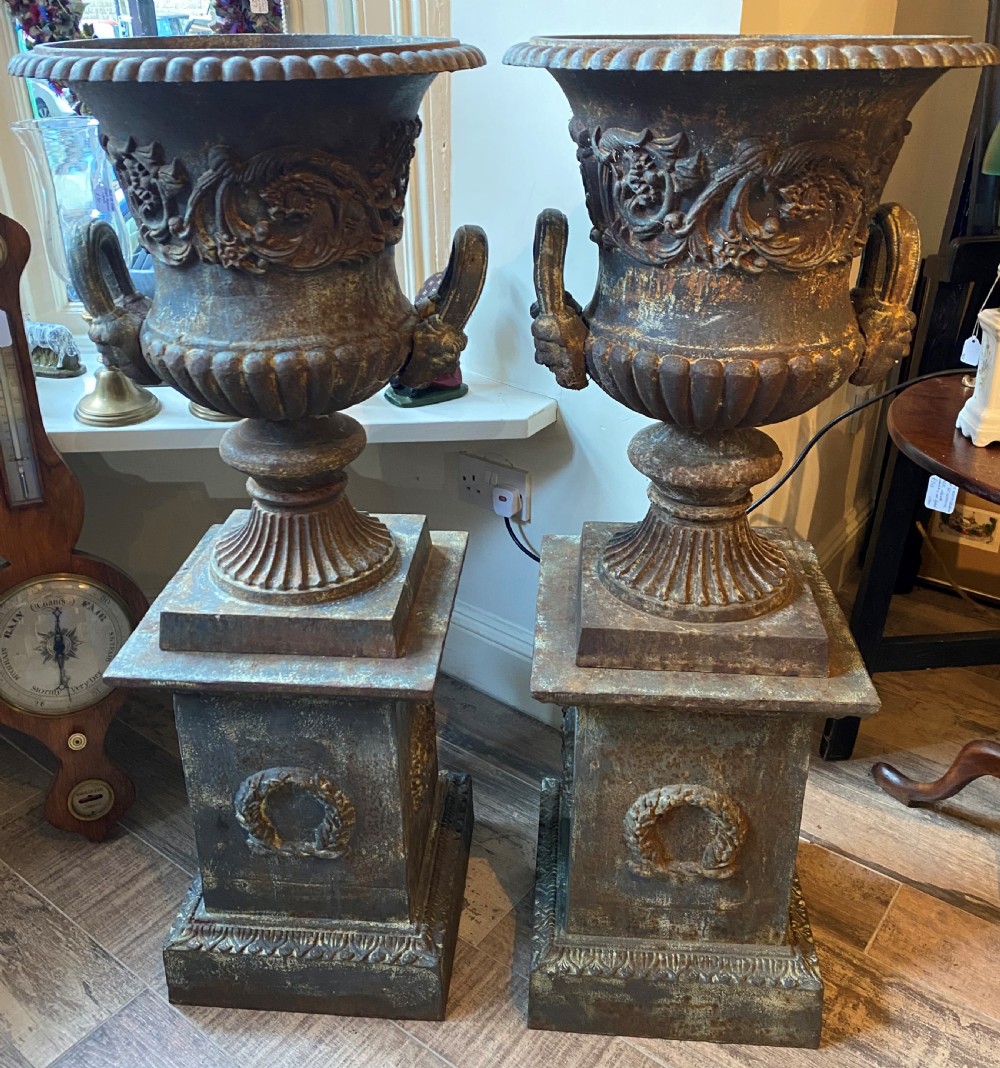 Large Pair Of Country House Cast Iron Medici Urns On Stands
