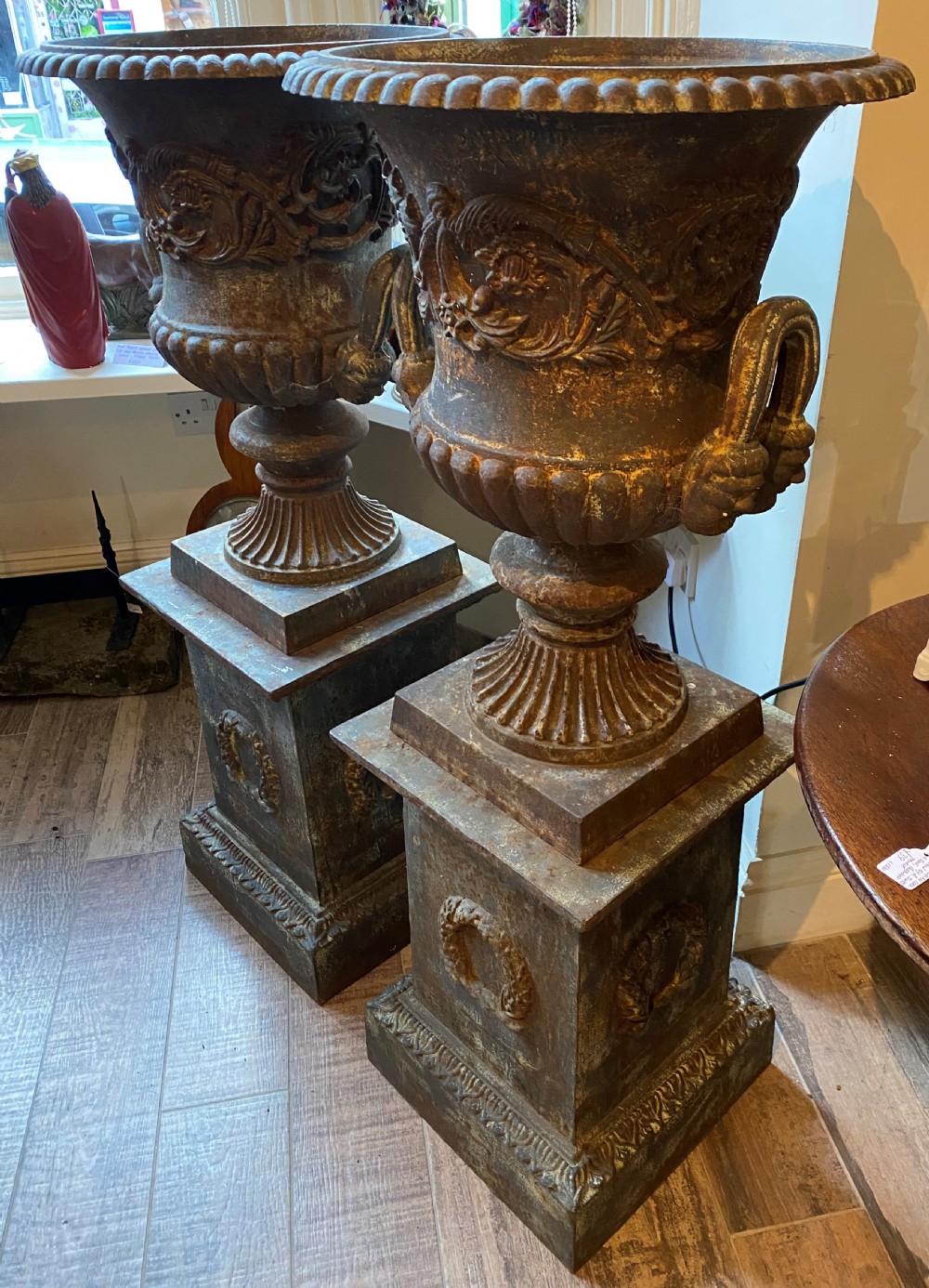 Large Pair Of Country House Cast Iron Medici Urns On Stands View II