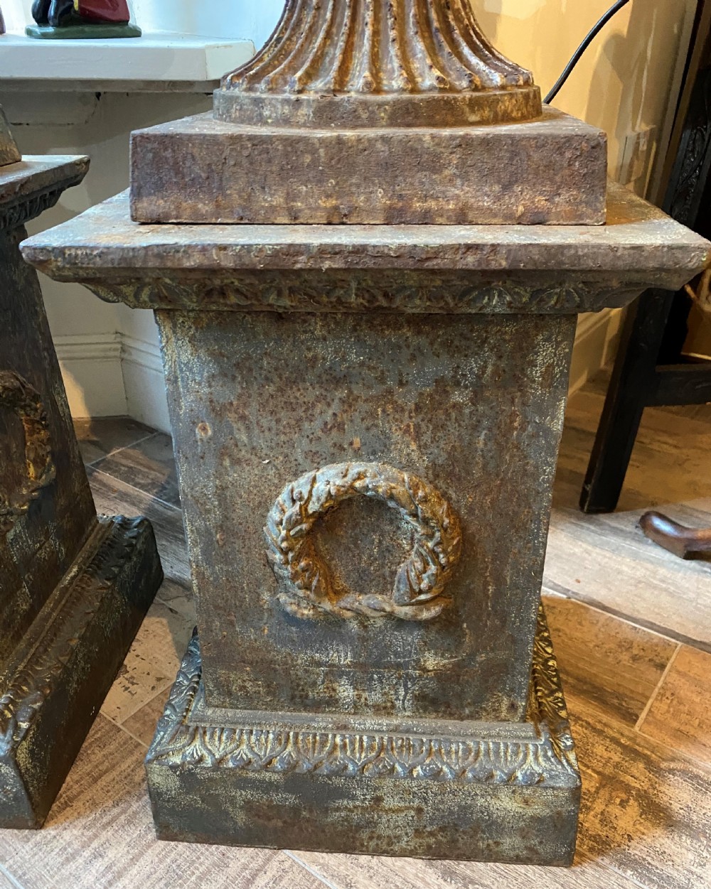 Large Pair Of Country House Cast Iron Medici Urns On Stands View III