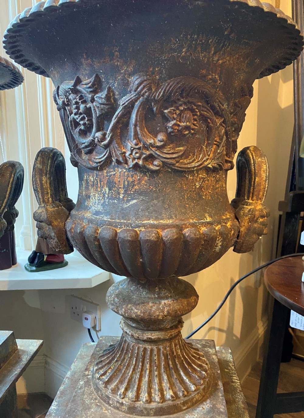 Large Pair Of Country House Cast Iron Medici Urns On Stands View V