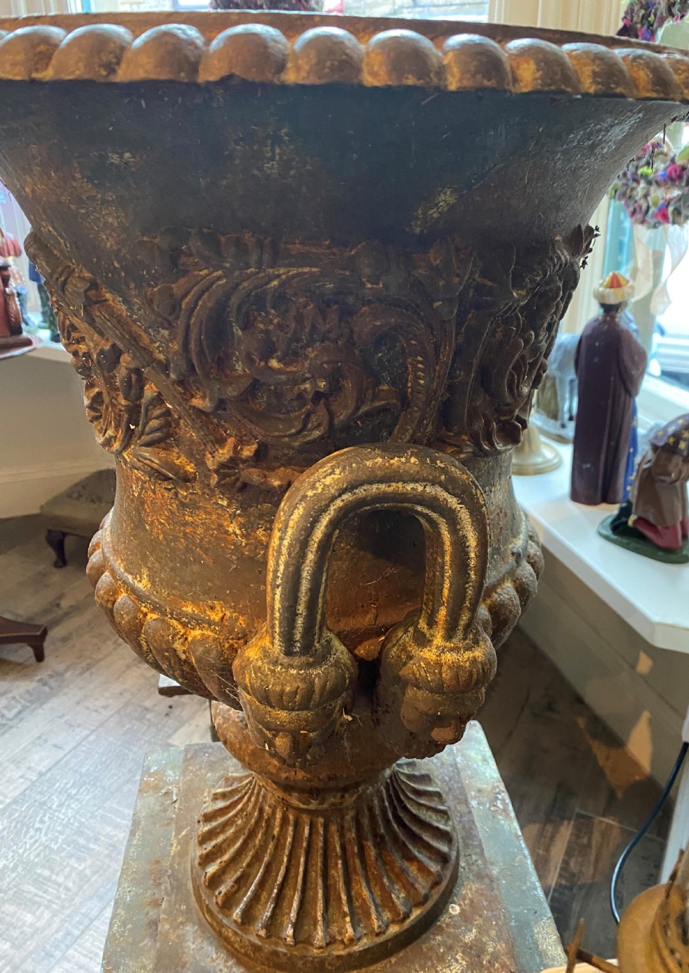 Large Pair Of Country House Cast Iron Medici Urns On Stands View VI