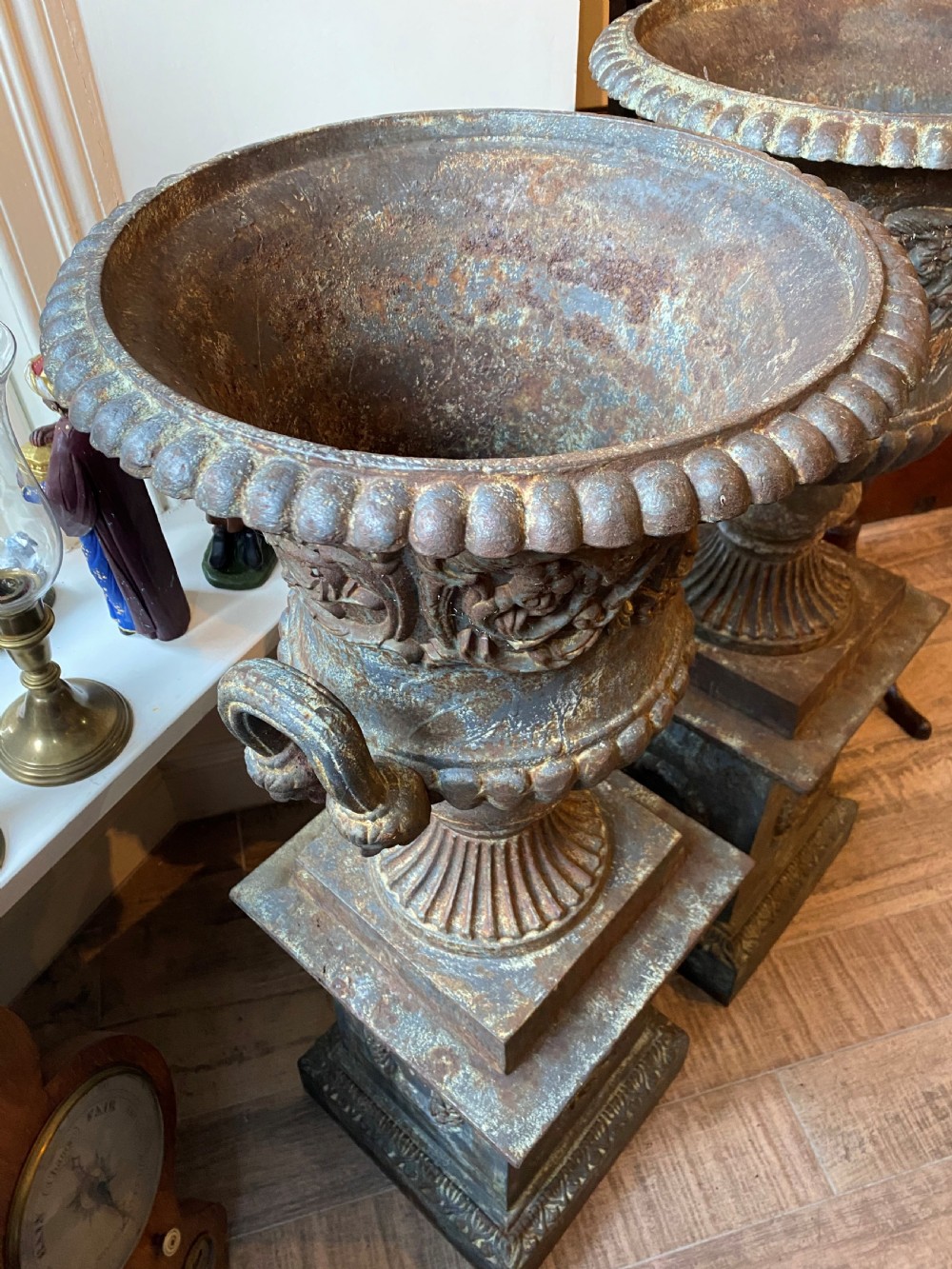 Large Pair Of Country House Cast Iron Medici Urns On Stands View X