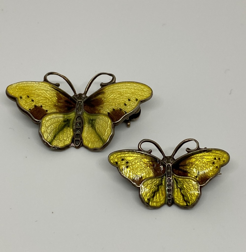 Pair Norwegian Silver & Enamel Butterfly Brooches by Hroar Prydz