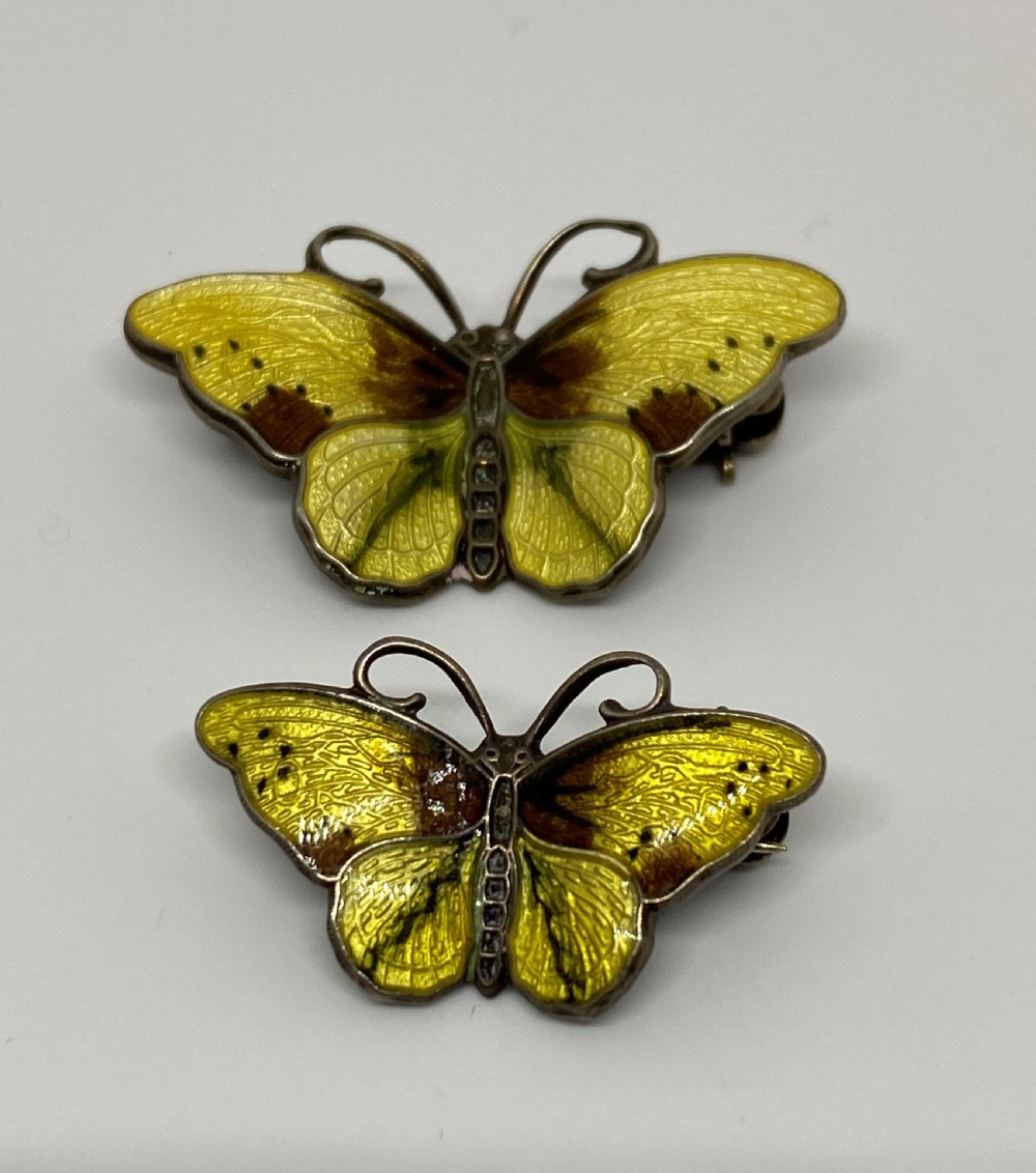 Pair Norwegian Silver & Enamel Butterfly Brooches by Hroar Prydz View II