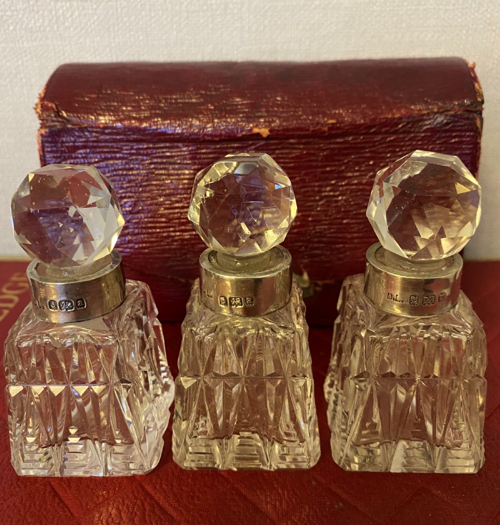 Antique Cased Cut Glass & Silver Perfume Bottles View III