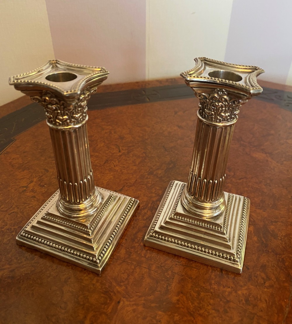 Pair Of Chester Silver Corinthian Column Candlesticks  View II