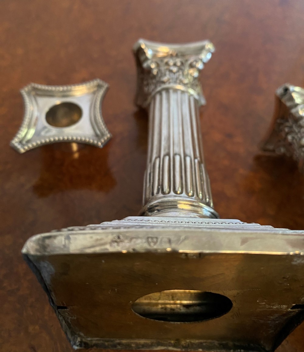 Pair Of Chester Silver Corinthian Column Candlesticks  View V