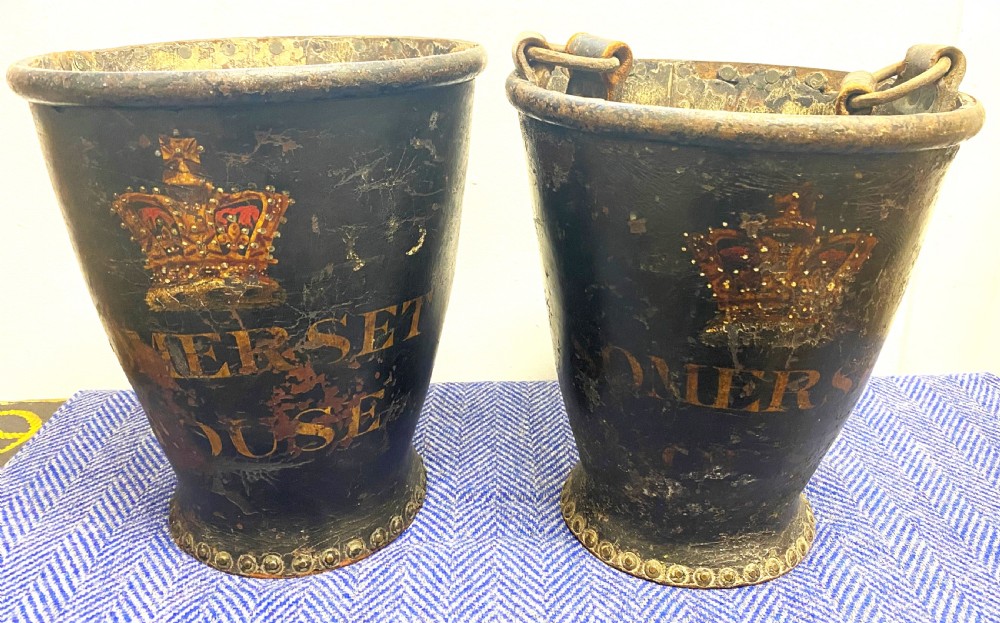 Rare & Charming Pair Of Somerset House Leather Buckets