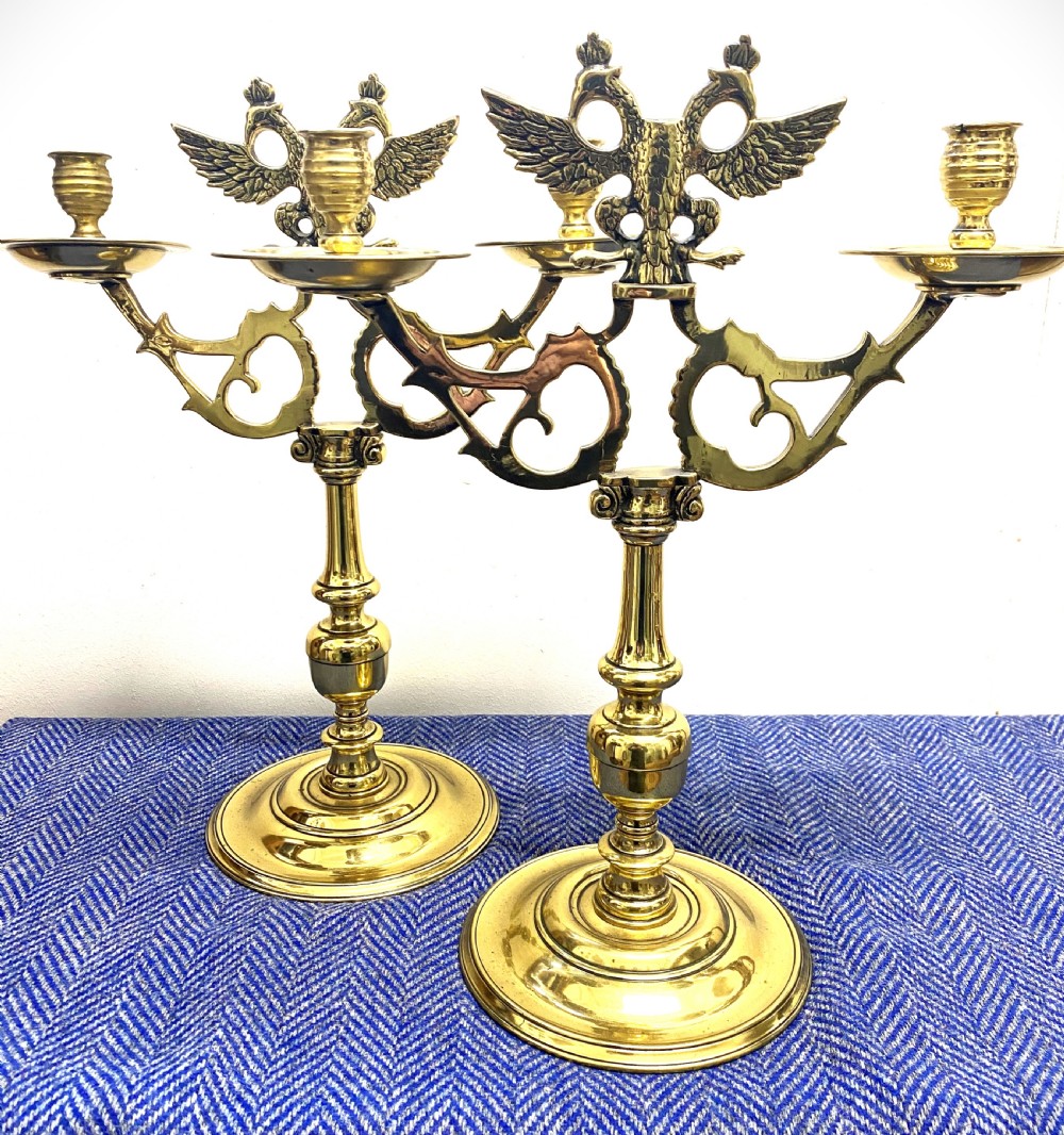 Imposing Pair Of Russian 19th Century Bronze Twin Handled Candlesticks