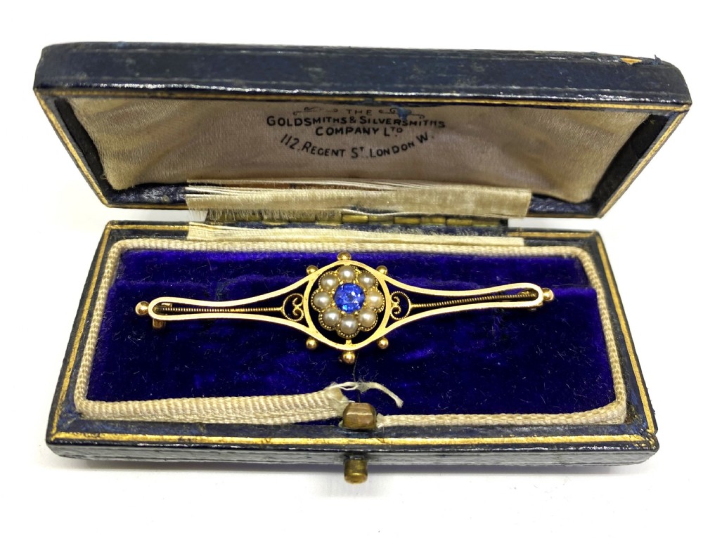 Edwardian 15ct Gold, Sapphire & Seed Pearl Brooch