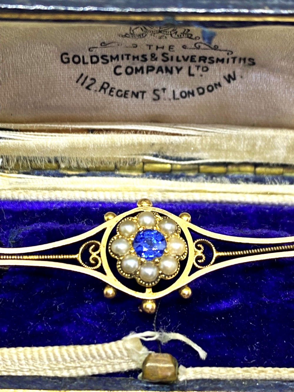 Edwardian 15ct Gold, Sapphire & Seed Pearl Brooch View II