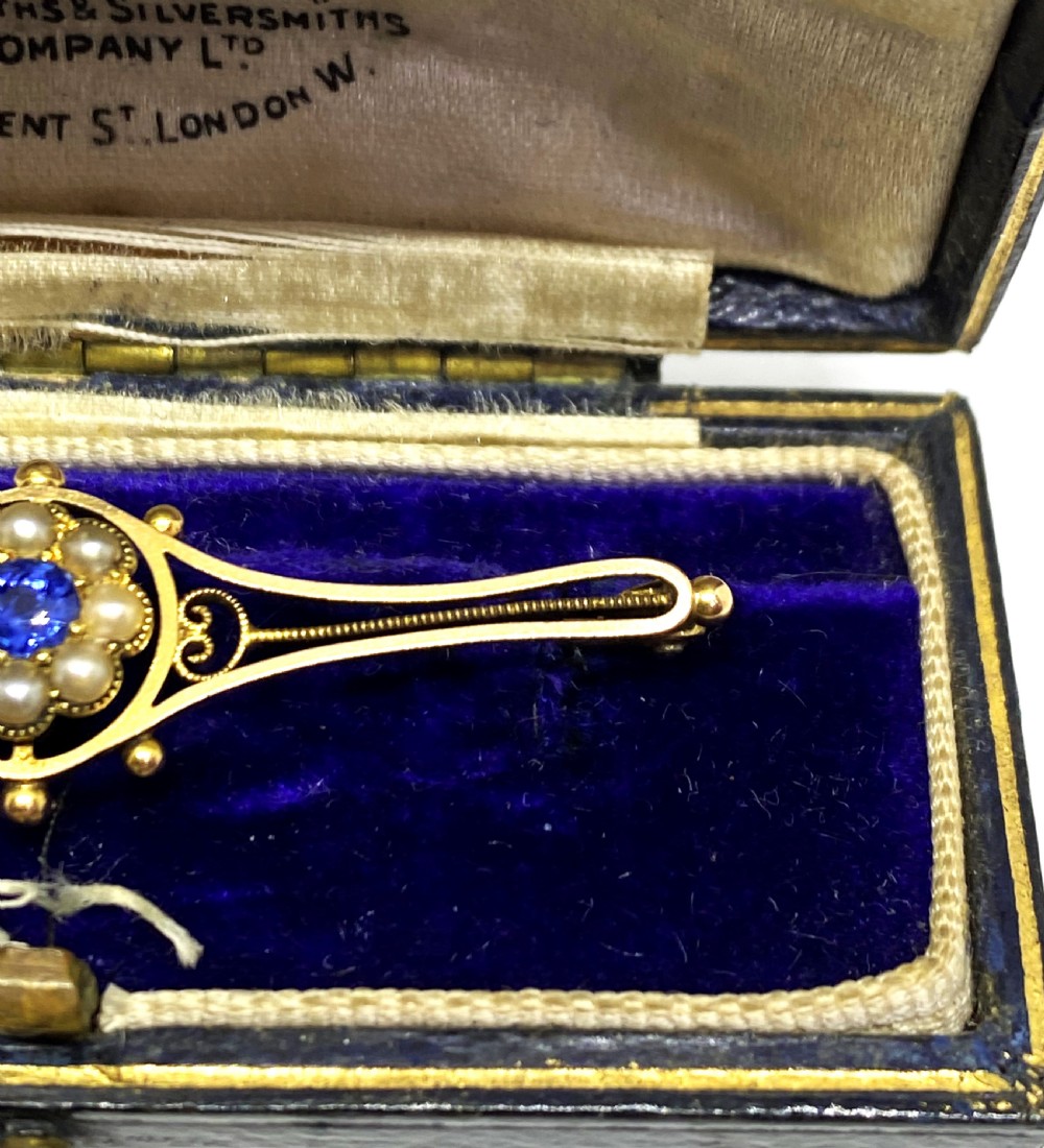 Edwardian 15ct Gold, Sapphire & Seed Pearl Brooch View IV