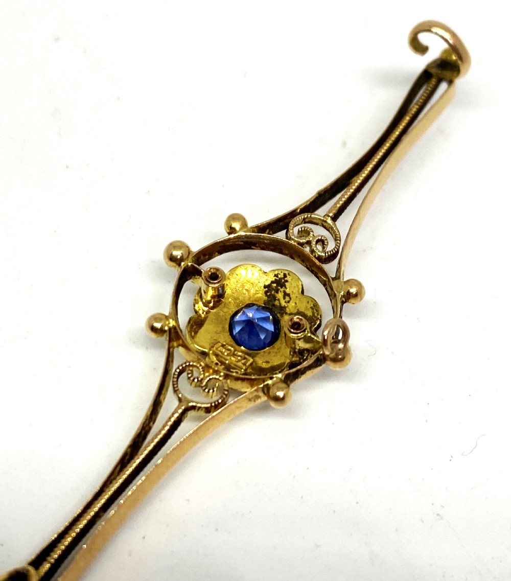 Edwardian 15ct Gold, Sapphire & Seed Pearl Brooch View V