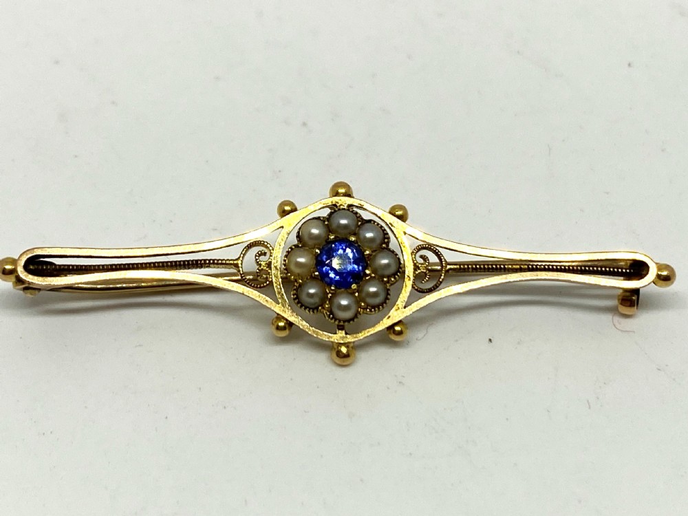 Edwardian 15ct Gold, Sapphire & Seed Pearl Brooch View VII
