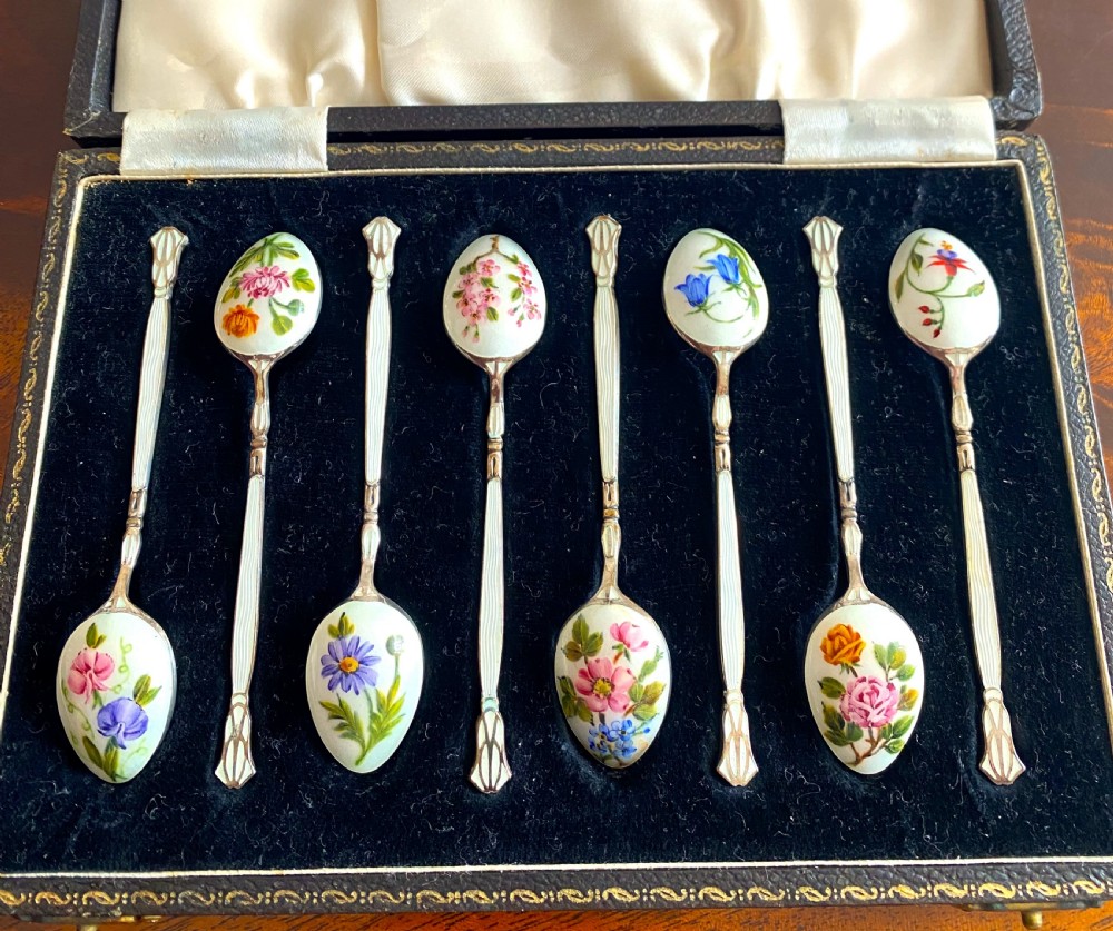 Fabulous Silver & Enamel Flower Decorated Cased Spoons