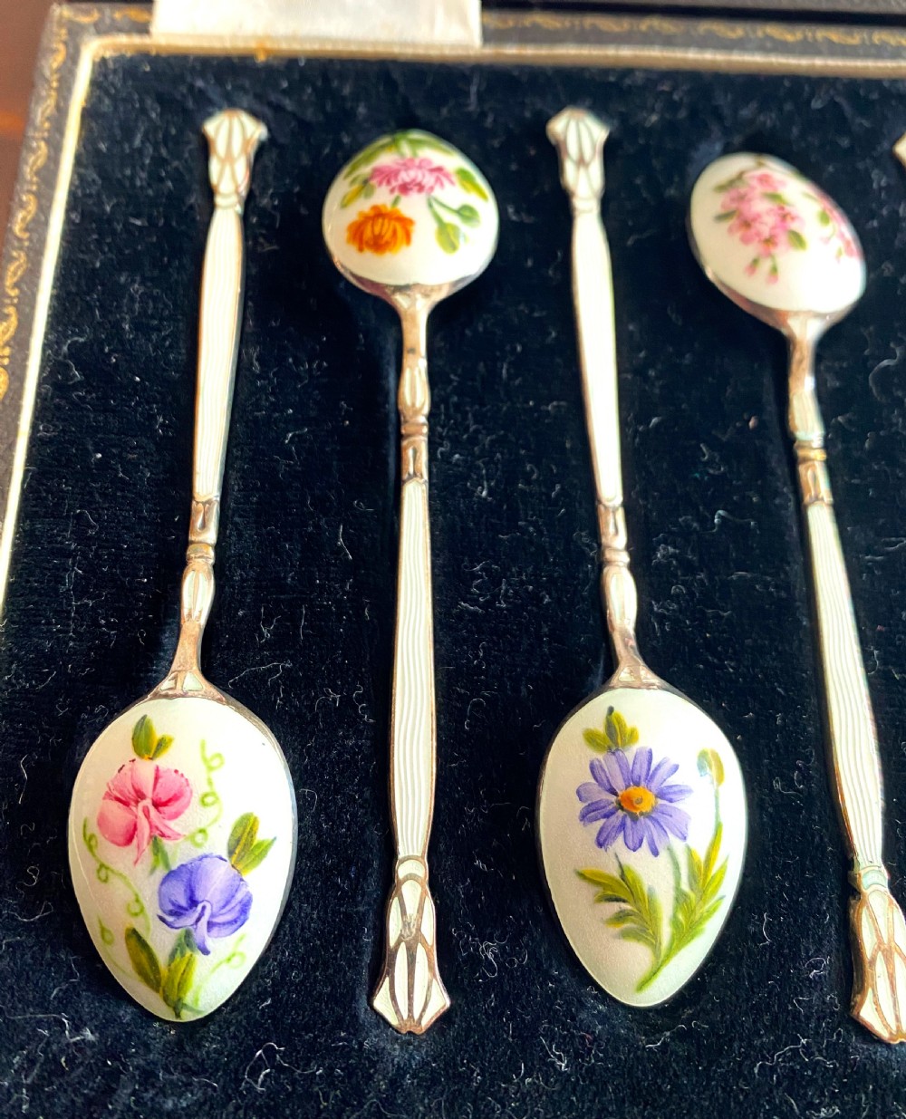 Fabulous Silver & Enamel Flower Decorated Cased Spoons View II