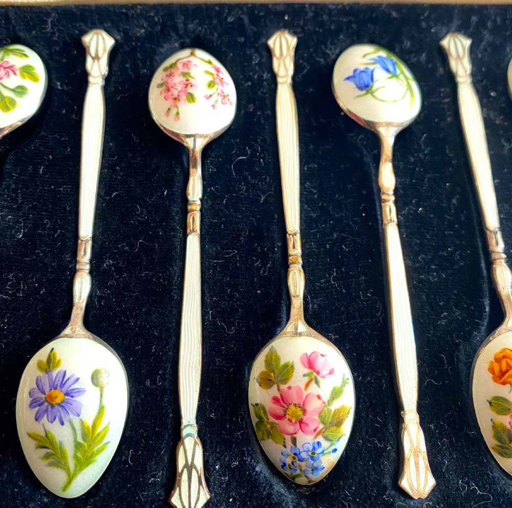 Fabulous Silver & Enamel Flower Decorated Cased Spoons View III