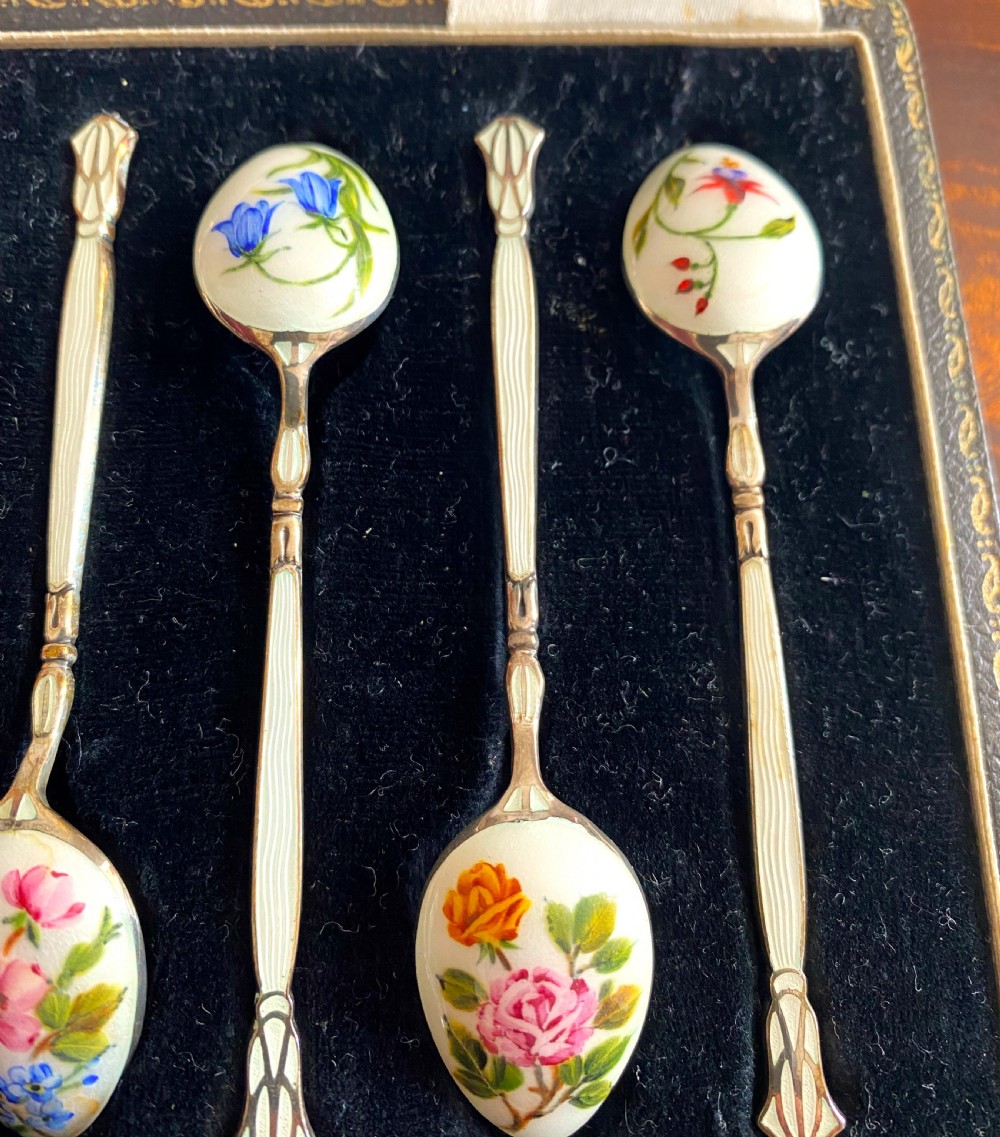 Fabulous Silver & Enamel Flower Decorated Cased Spoons View IV
