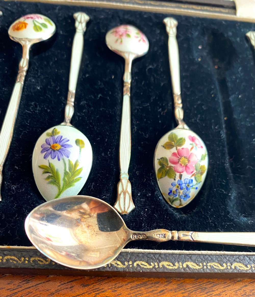 Fabulous Silver & Enamel Flower Decorated Cased Spoons View V