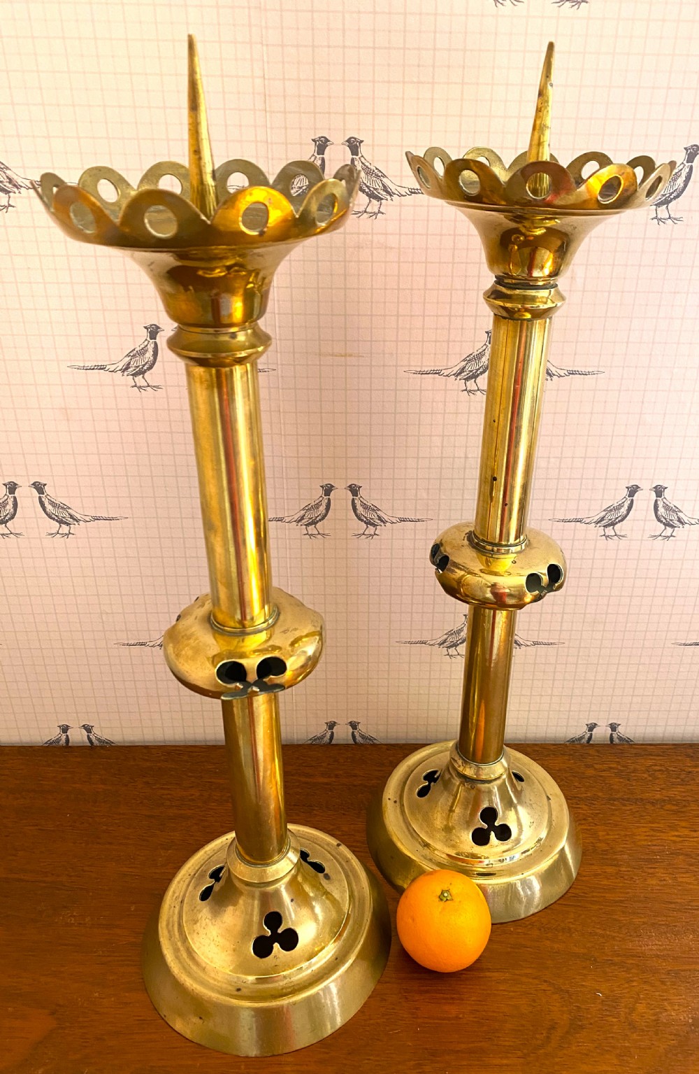 Large Pair Of Neo-Gothic Brass Pricket Sticks