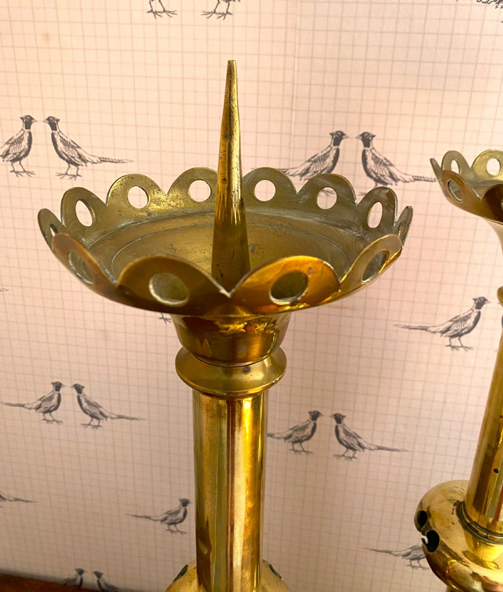 Large Pair Of Neo-Gothic Brass Pricket Sticks View II