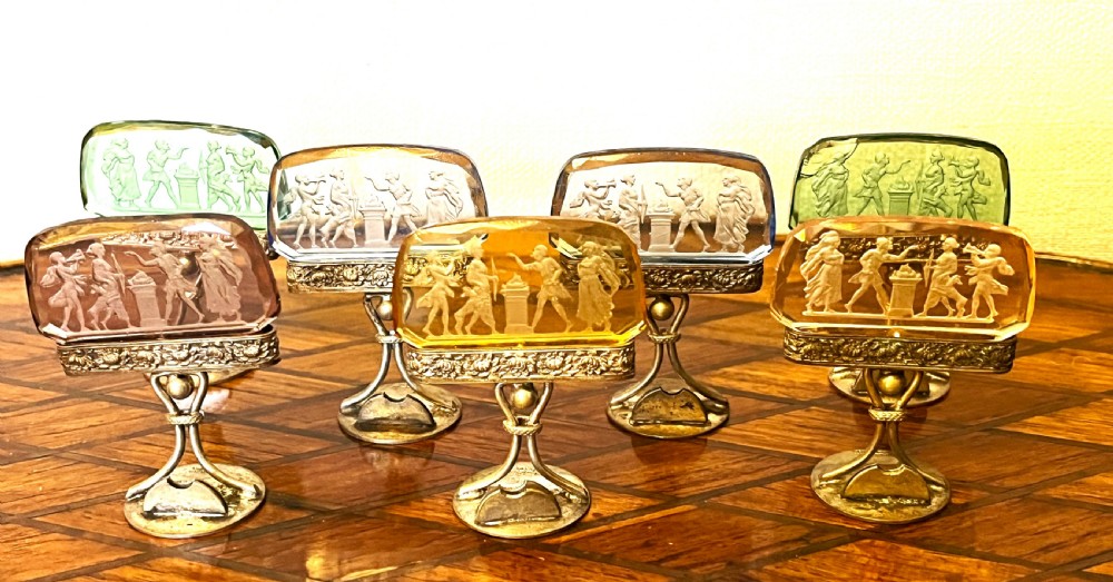 Rare Austrian Silver Plate & Intaglio Glass Menu Holders