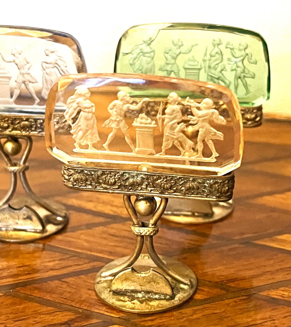 Rare Austrian Silver Plate & Intaglio Glass Menu Holders View II