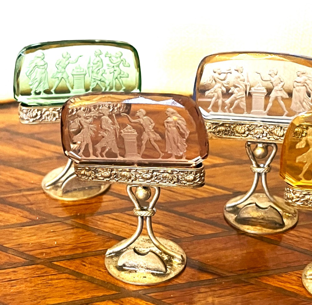 Rare Austrian Silver Plate & Intaglio Glass Menu Holders View IV