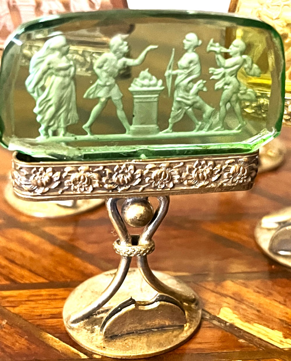 Rare Austrian Silver Plate & Intaglio Glass Menu Holders View V