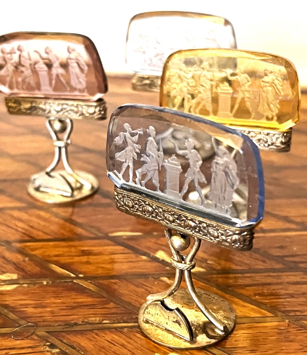 Rare Austrian Silver Plate & Intaglio Glass Menu Holders View VI