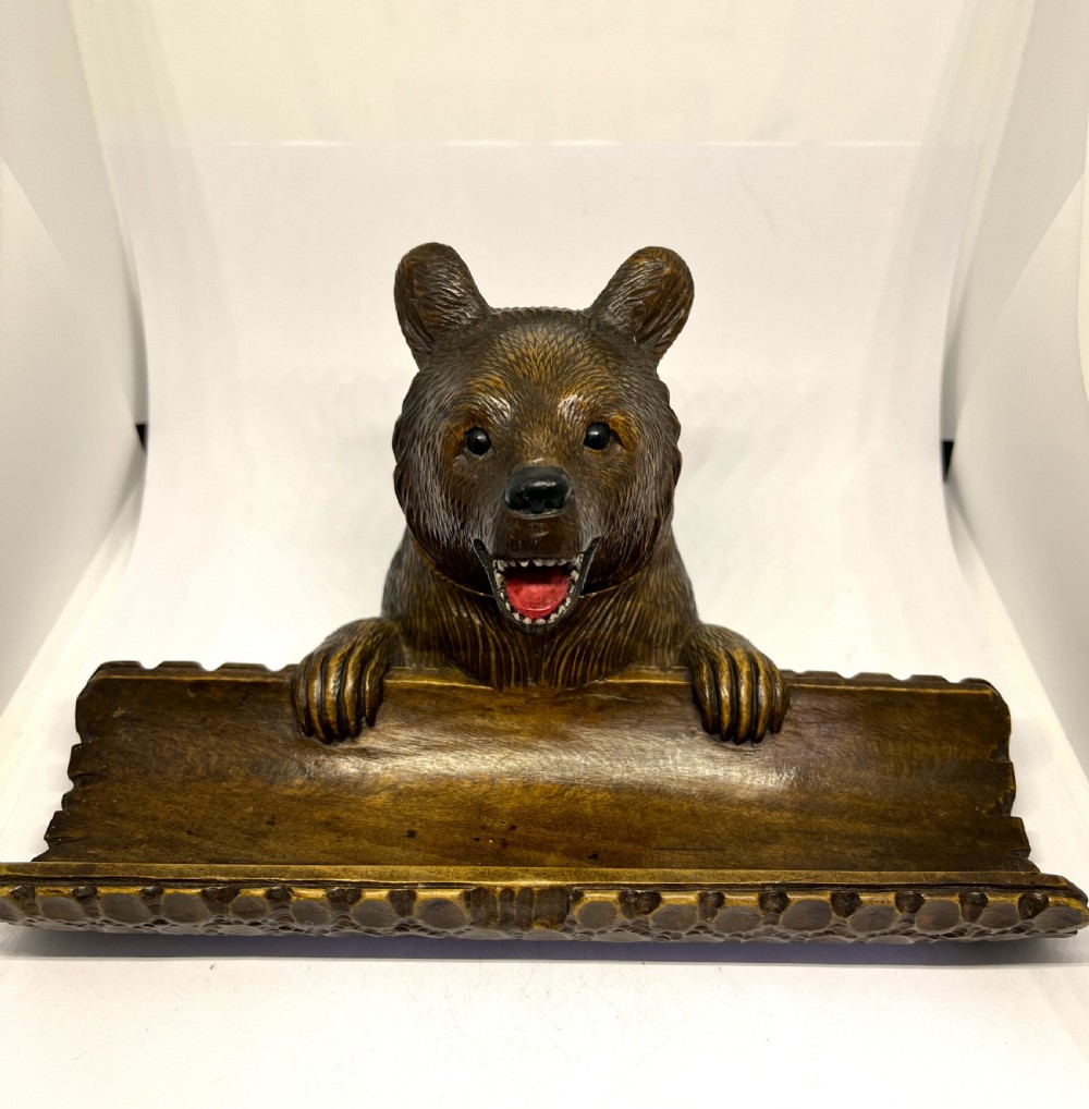 Black Forest Inkwell As A Bear With Log Pen Tray
