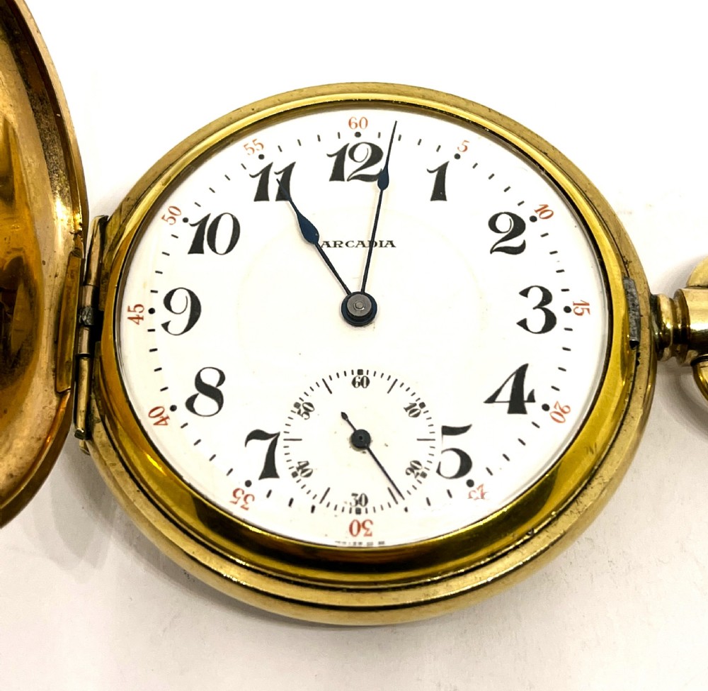 Gold Plated Arcadia Full Hunter Pocket Watch