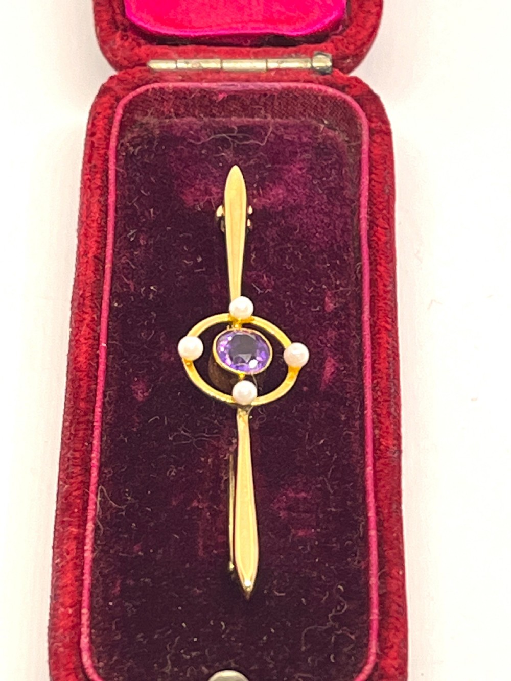 Edwardian 15ct Gold Amethyst & Seed Pearl Bar Brooch