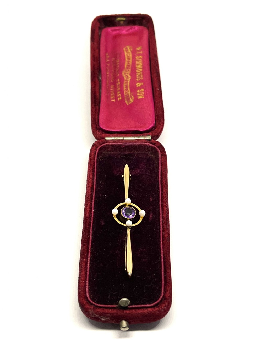 Edwardian 15ct Gold Amethyst & Seed Pearl Bar Brooch View II