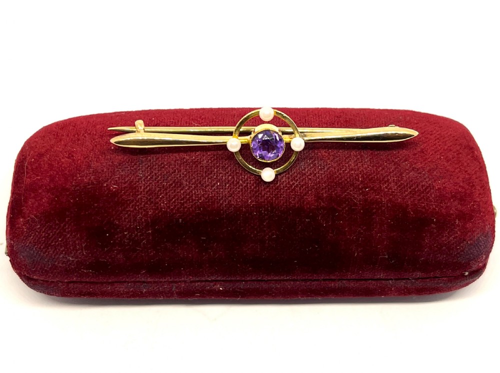 Edwardian 15ct Gold Amethyst & Seed Pearl Bar Brooch View IV