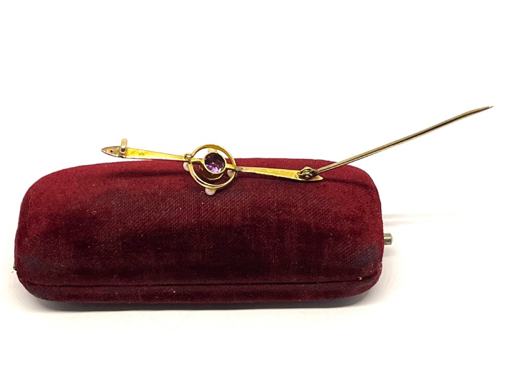Edwardian 15ct Gold Amethyst & Seed Pearl Bar Brooch View VI
