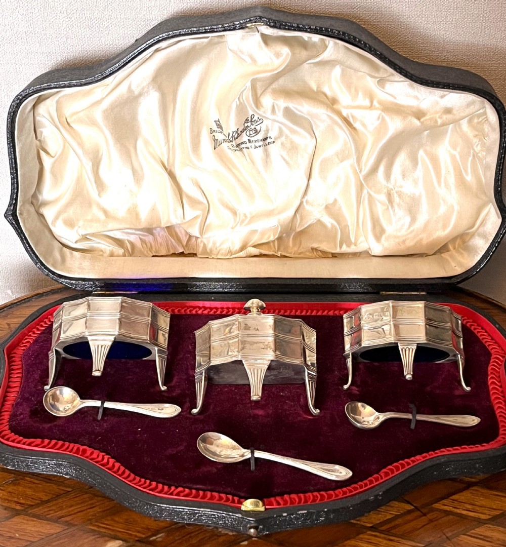 Fine Cased Three Piece Silver Condiment Set