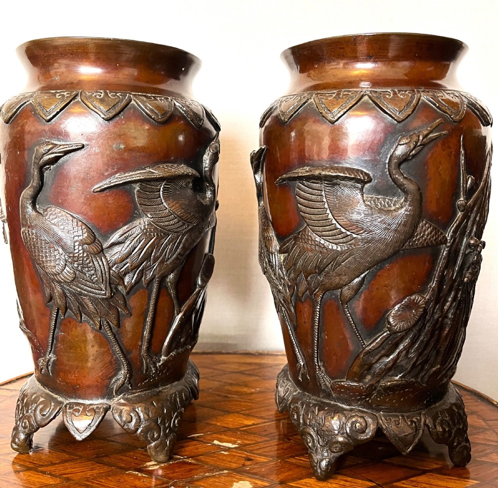 Fine Large Pair Of Japanese Meiji Period Bronze Vases