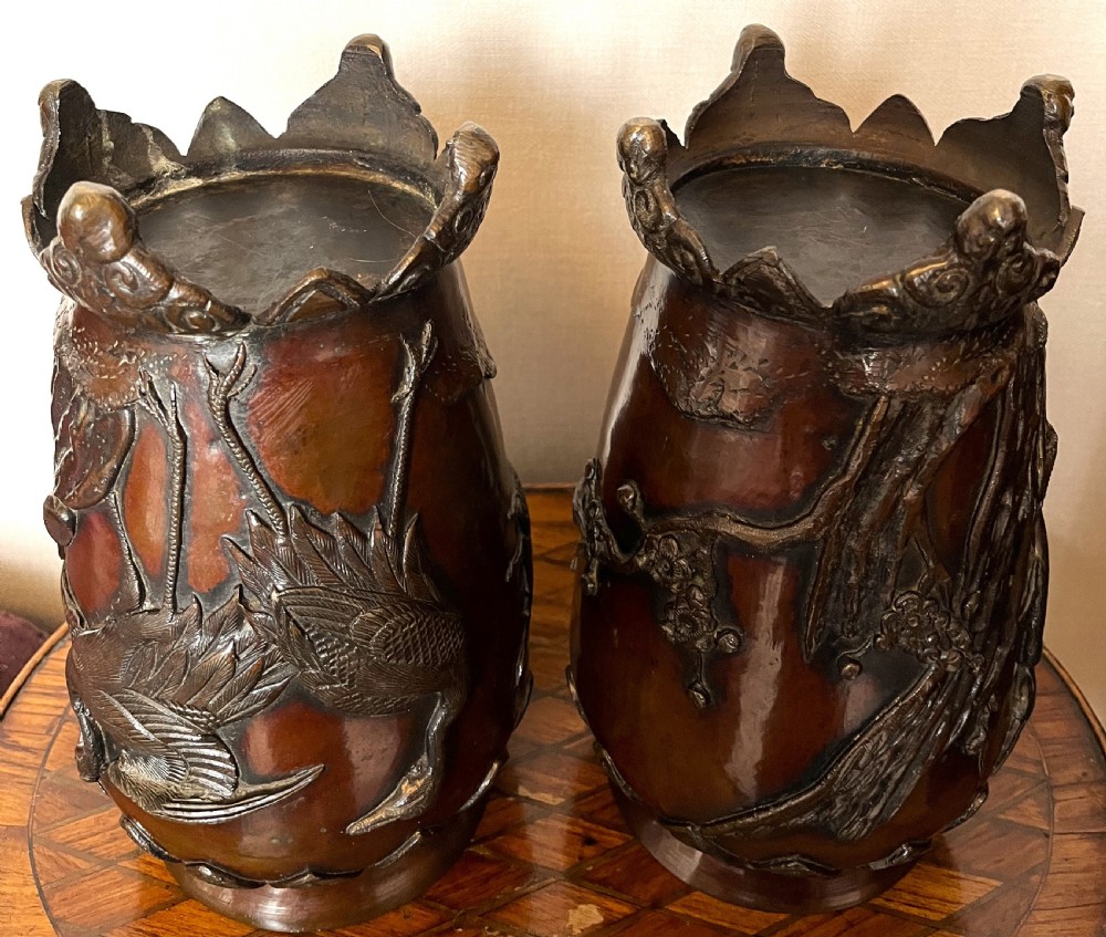 Fine Large Pair Of Japanese Meiji Period Bronze Vases View II