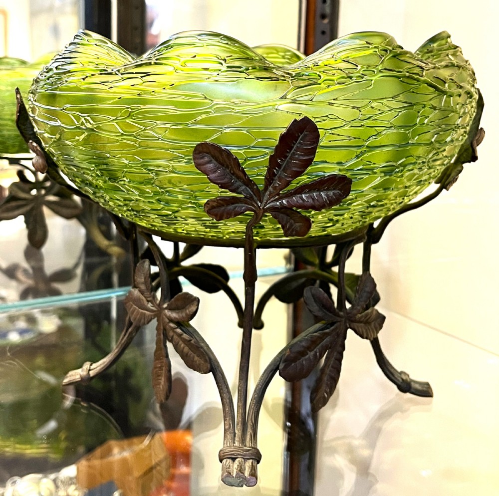 Fine Loetz Green Glass Bowl & Gilt Bronze Stand