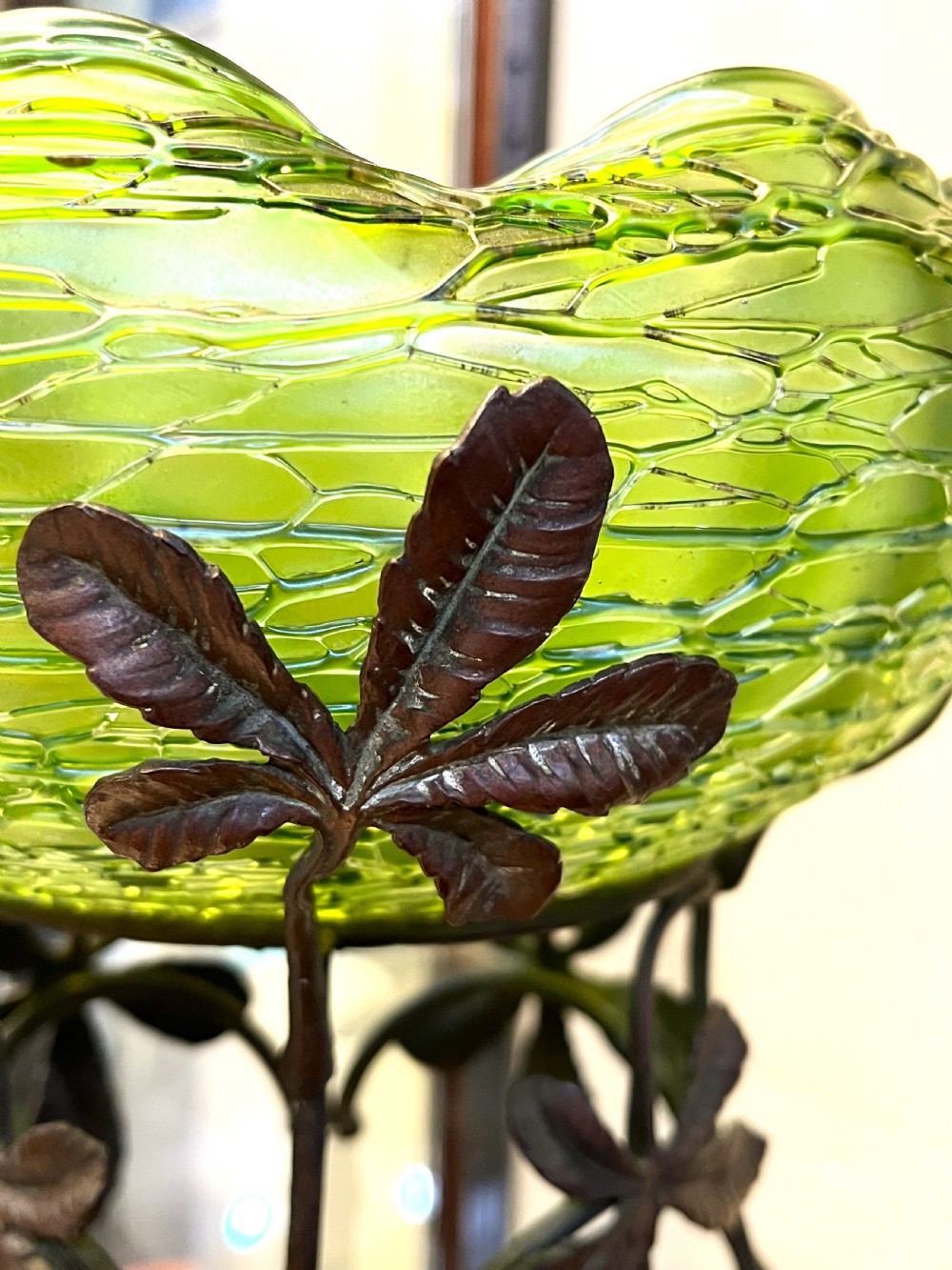 Fine Loetz Green Glass Bowl & Gilt Bronze Stand View III