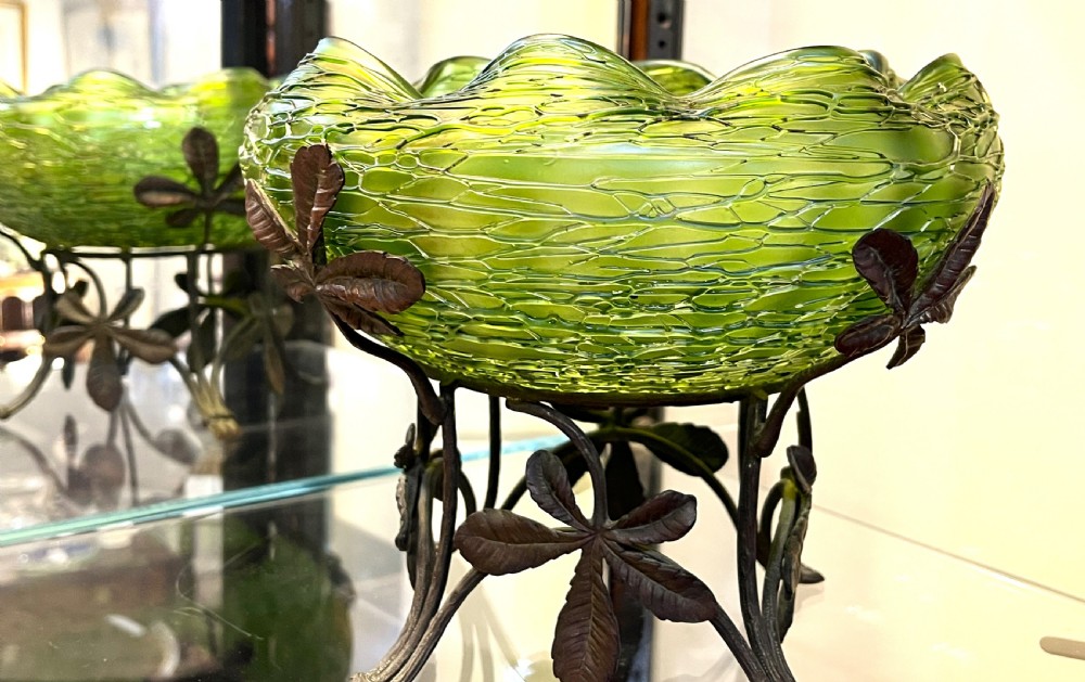 Fine Loetz Green Glass Bowl & Gilt Bronze Stand View V