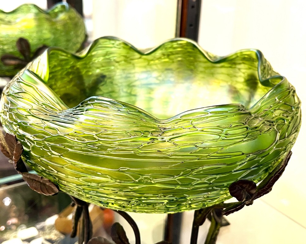 Fine Loetz Green Glass Bowl & Gilt Bronze Stand View VI
